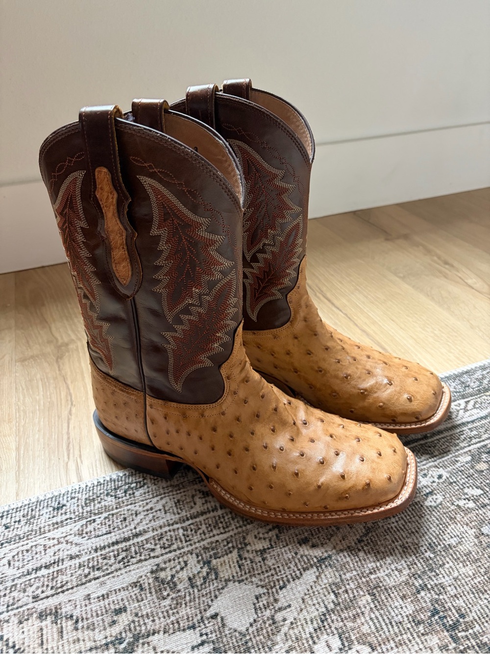 Tony Lama Two-Tone Ostrich Cowboy Boots in Tan and Dark Brown